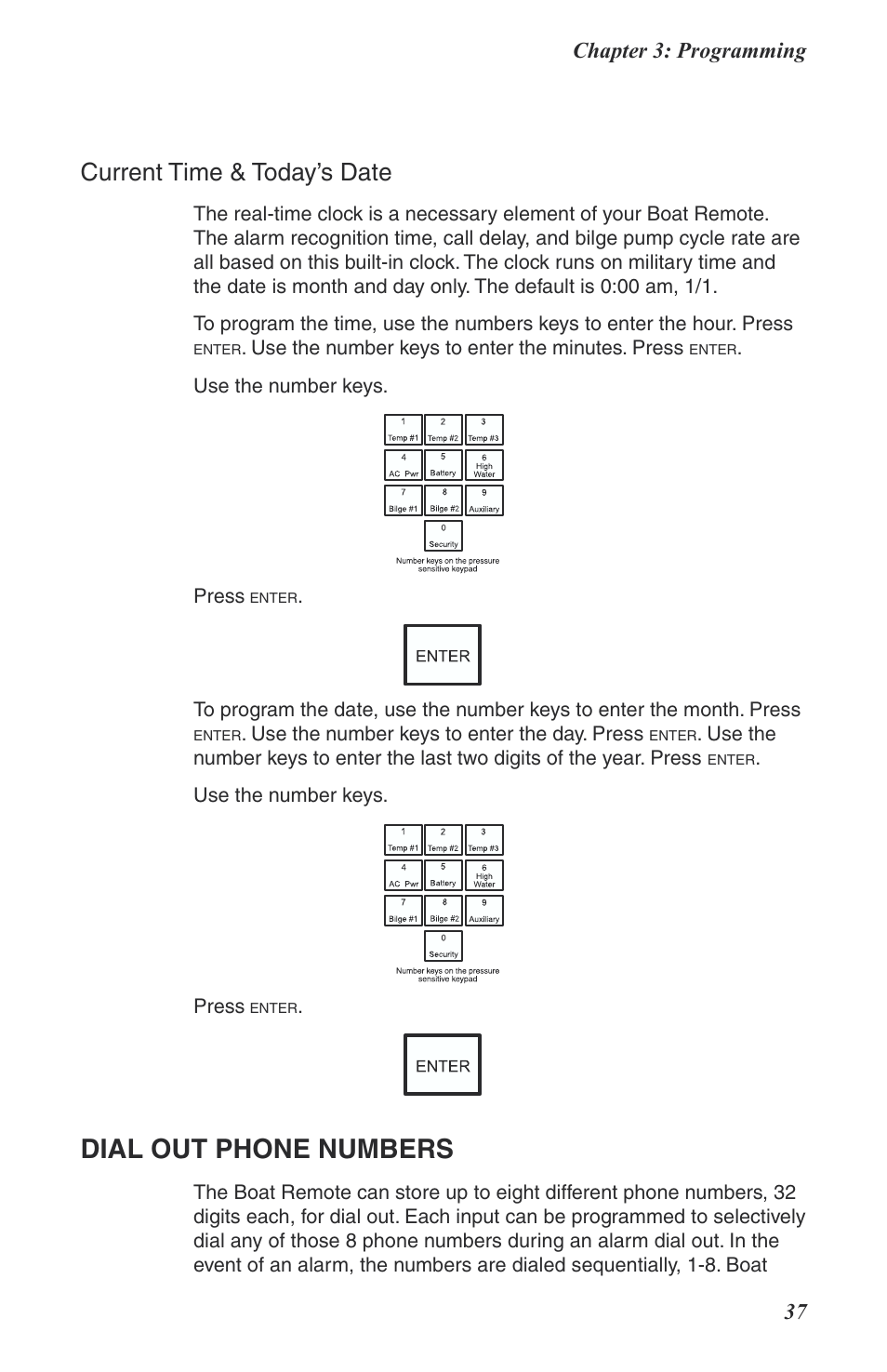 Current time & today’s date, Dial out phone numbers, Chapter 3: programming 37 | Phonetics Boat Remote User Manual | Page 37 / 90