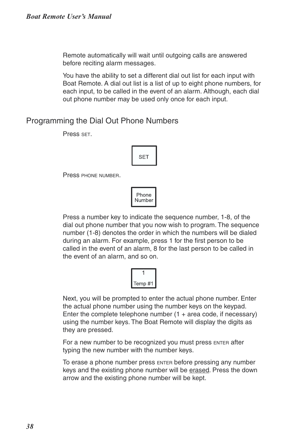 Programming the dial out phone numbers, Boat remote user’s manual 38 | Phonetics Boat Remote User Manual | Page 38 / 90