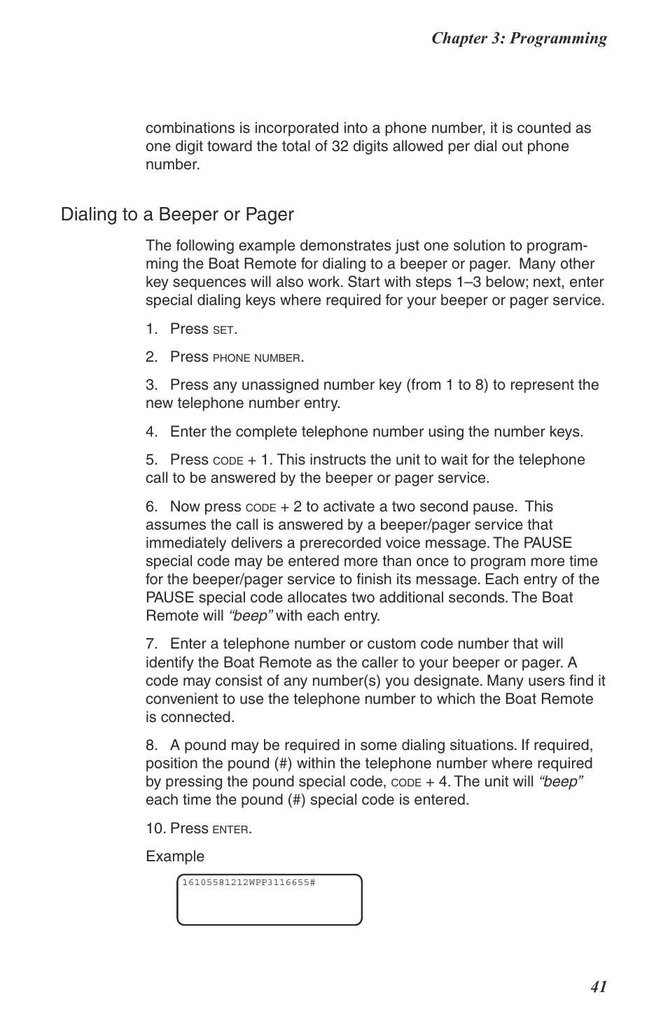 Dialing to a beeper or pager, Chapter 3: programming 41 | Phonetics Boat Remote User Manual | Page 41 / 90
