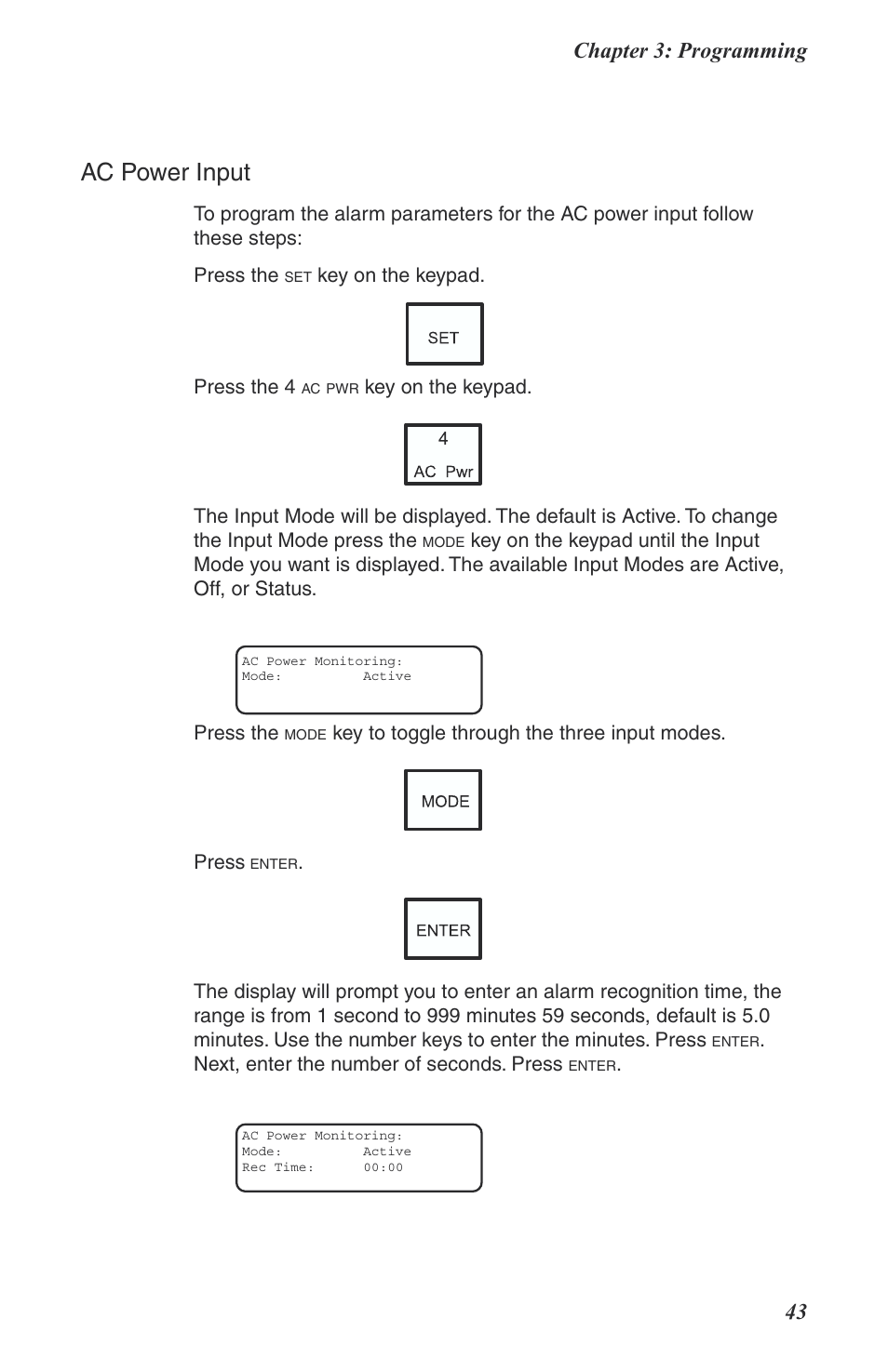 Ac power input, Chapter 3: programming 43 | Phonetics Boat Remote User Manual | Page 43 / 90