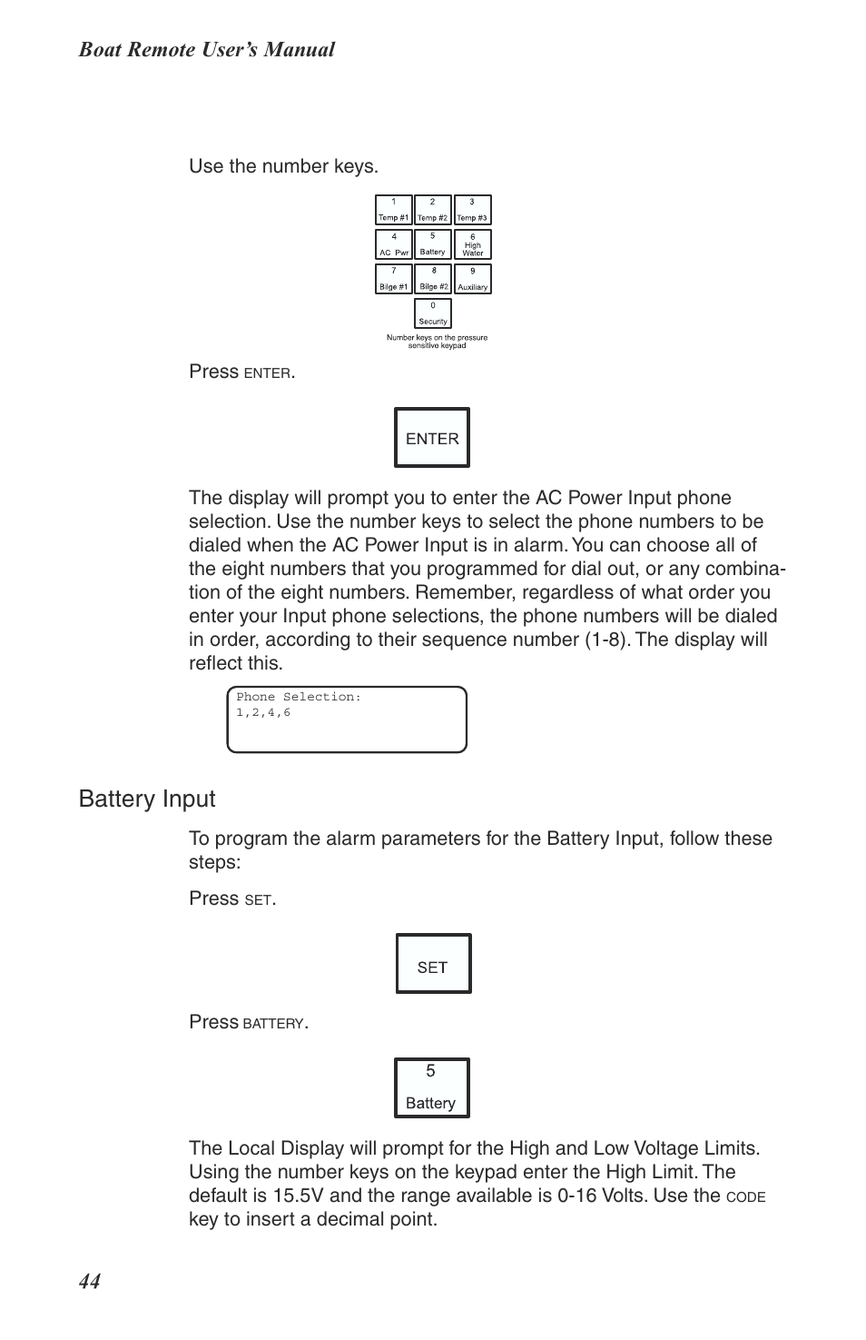 Battery input, Boat remote user’s manual 44 | Phonetics Boat Remote User Manual | Page 44 / 90