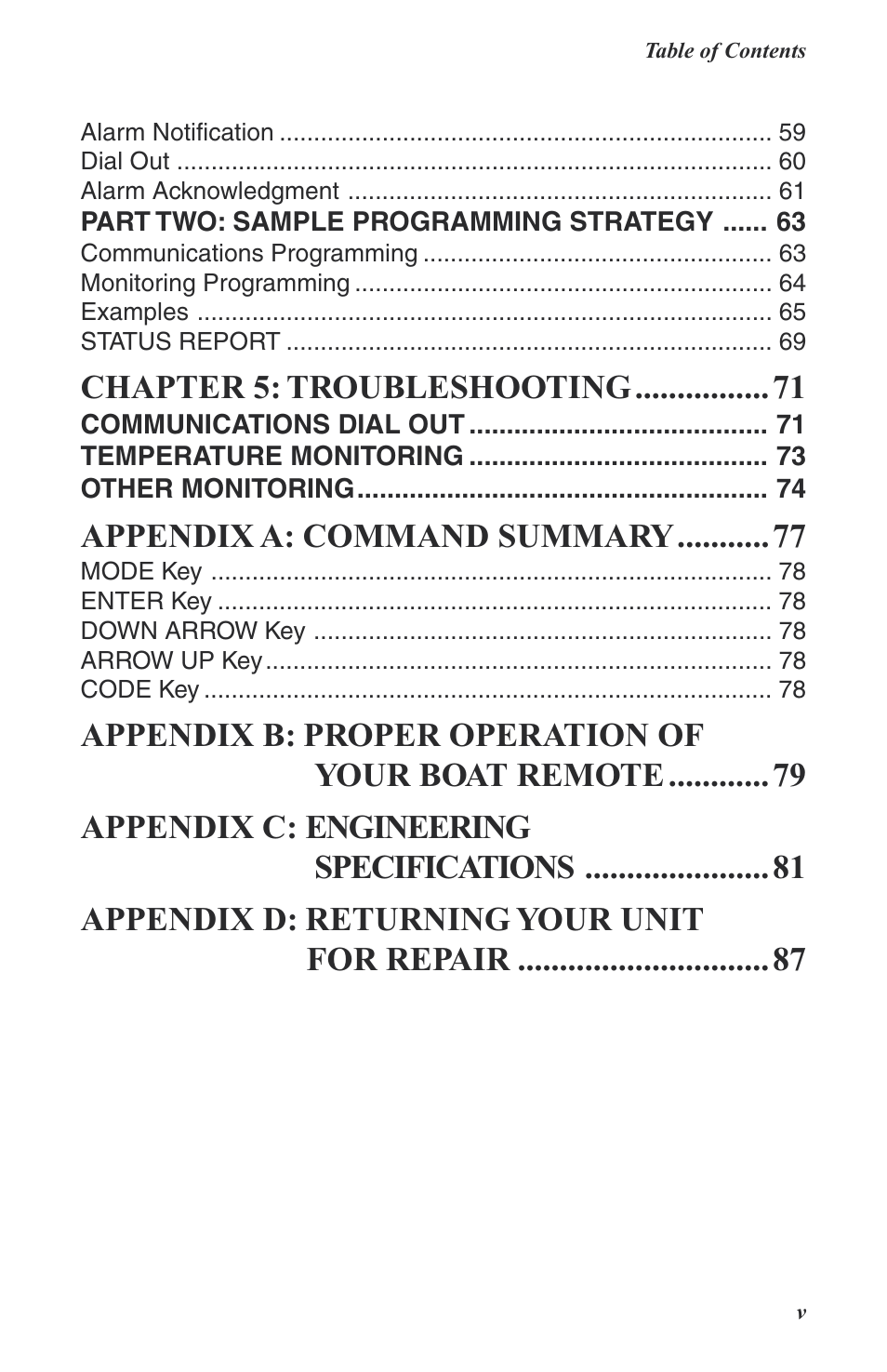 Chapter 5: troubleshooting, Appendix a: command summary | Phonetics Boat Remote User Manual | Page 5 / 90