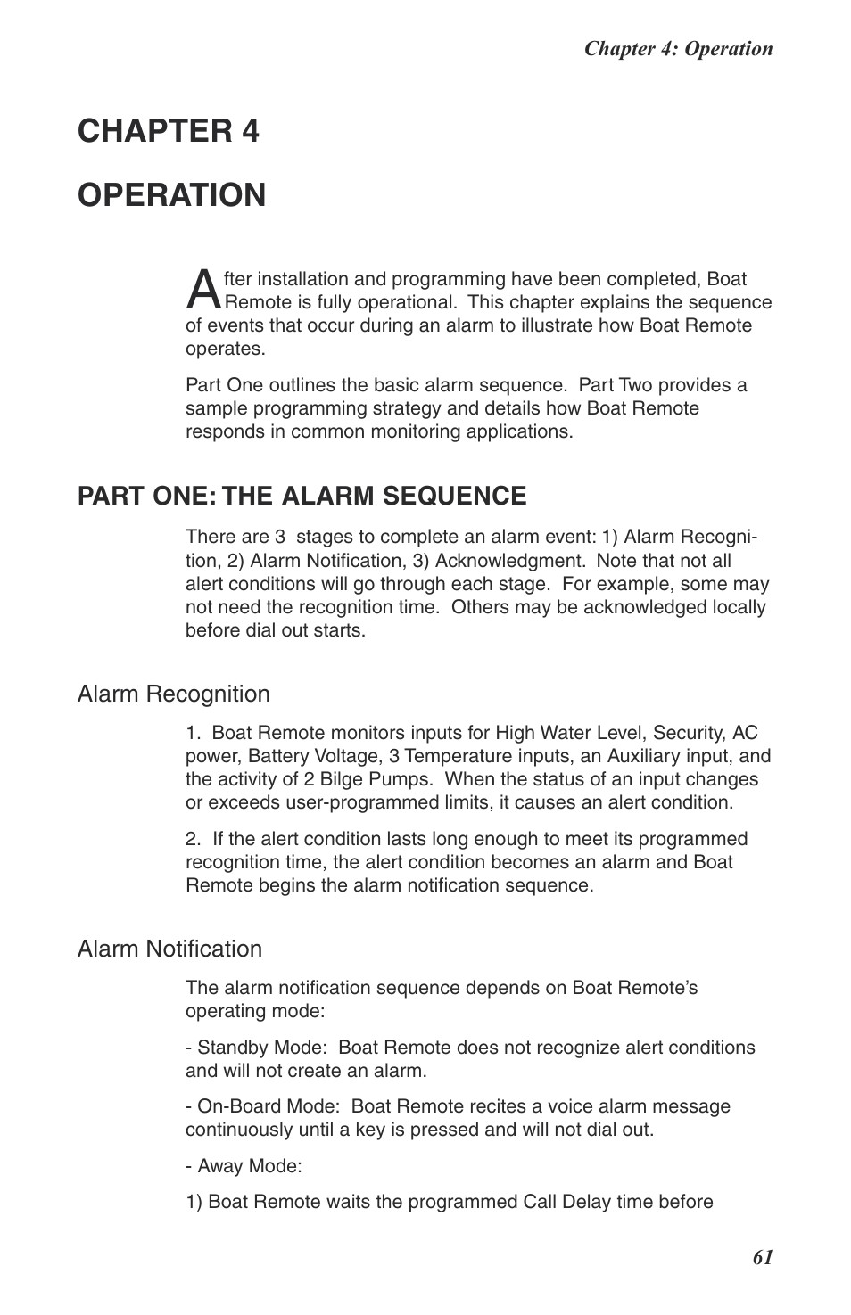 Chapter 4: operation, Part one: the alarm sequence, Alarm recognition | Alarm notification, Chapter 4 operation | Phonetics Boat Remote User Manual | Page 61 / 90