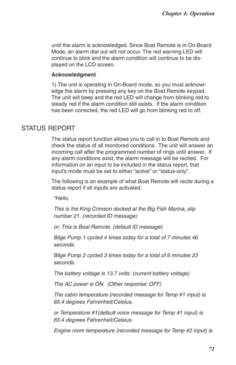 Status report | Phonetics Boat Remote User Manual | Page 71 / 90