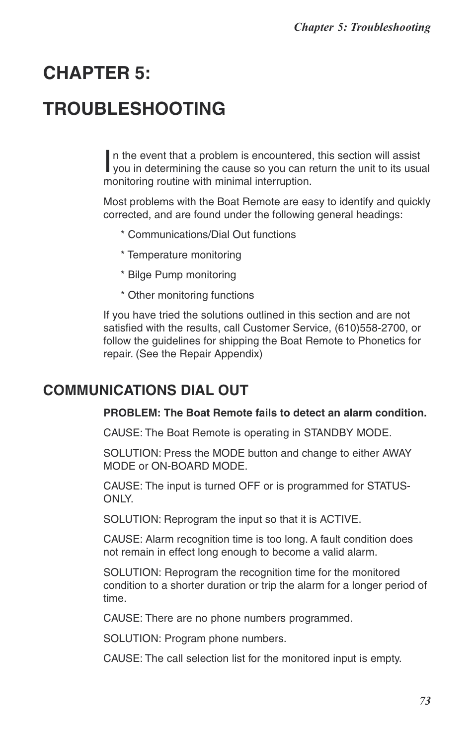 Chapter 5: troubleshooting, Communications dial out | Phonetics Boat Remote User Manual | Page 73 / 90