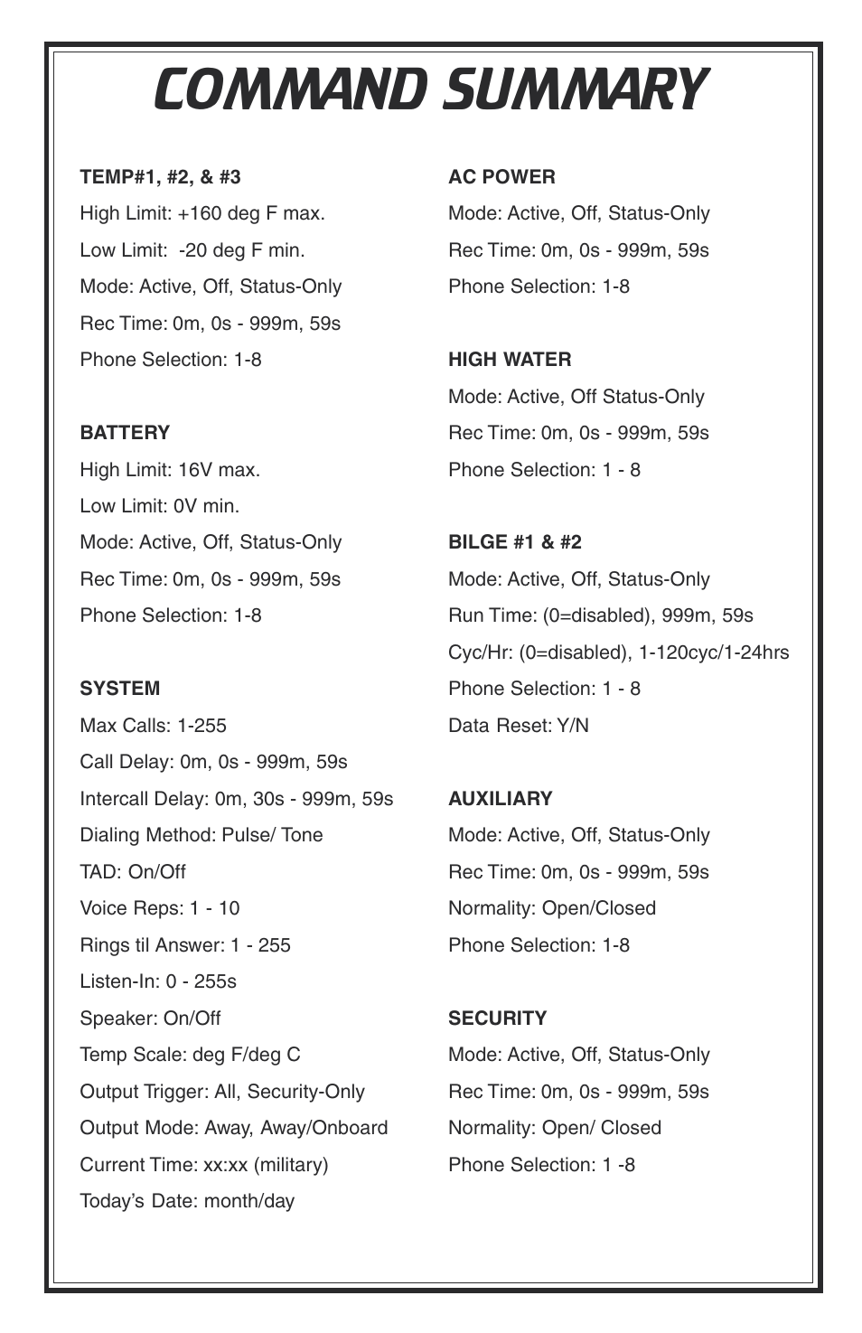 Appendix a: command summary, Command summary | Phonetics Boat Remote User Manual | Page 79 / 90