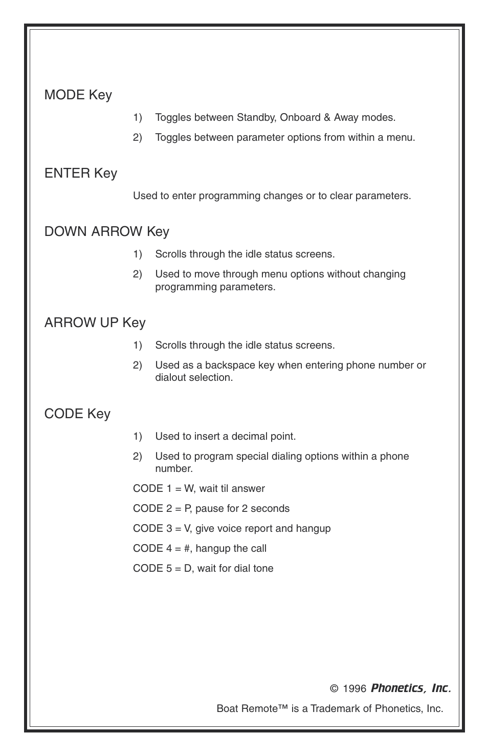 Mode key, Enter key, Down arrow key | Arrow up key, Code key | Phonetics Boat Remote User Manual | Page 80 / 90