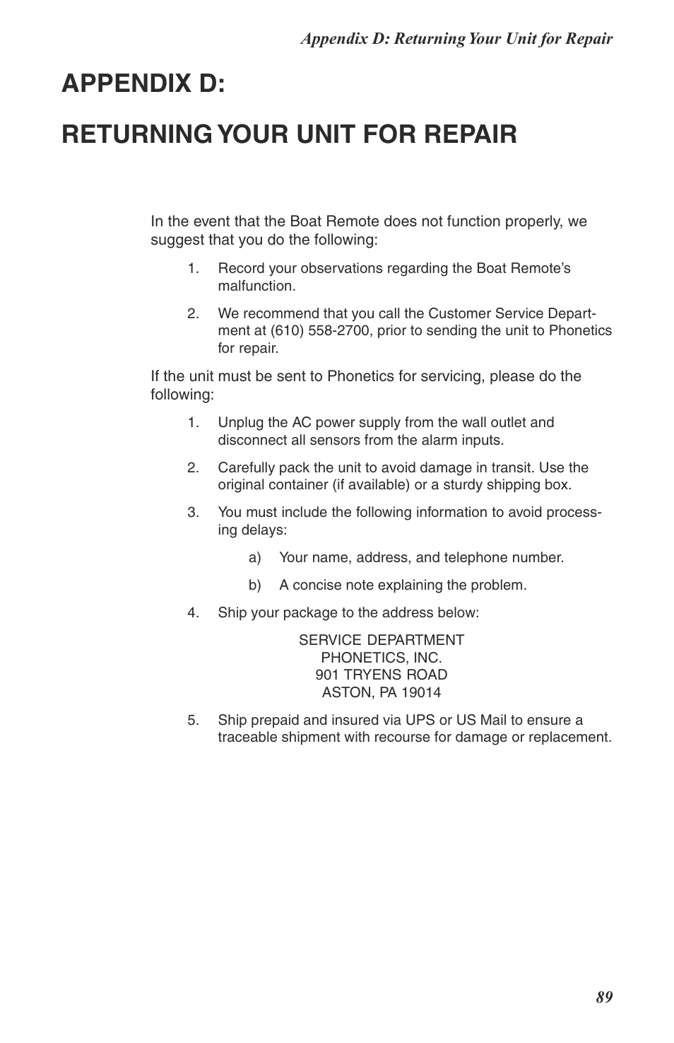 Appendix d: returning your unit for repair | Phonetics Boat Remote User Manual | Page 89 / 90