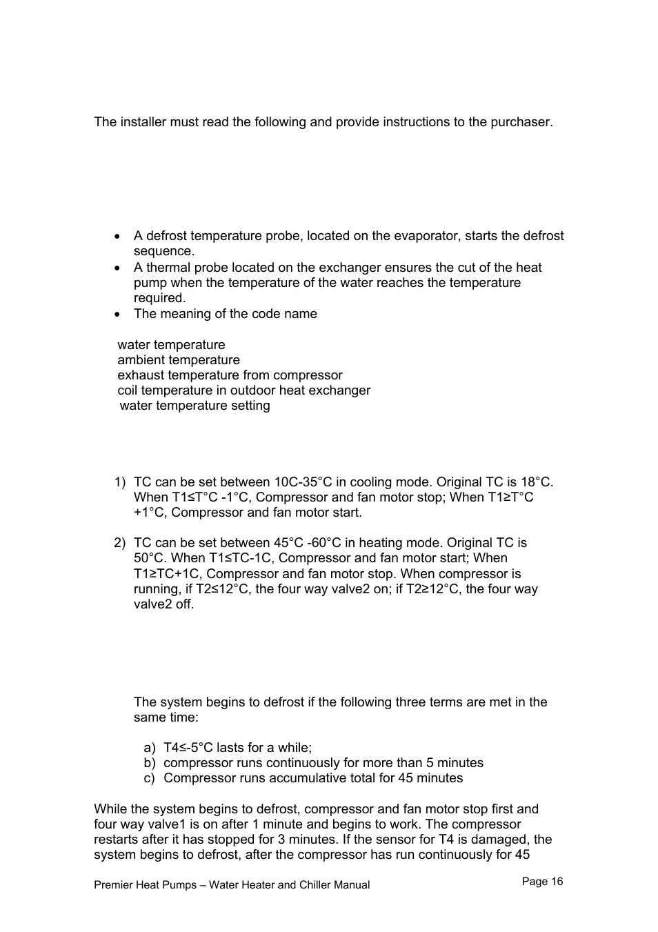 5 - instructions for the installer, 1 unit controller and parameters, 2 defrost operation | Premier PHP HWC-260 User Manual | Page 16 / 21