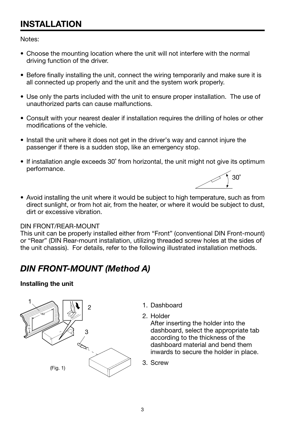 Installation, Din front-mount (method a) | Pyramid Car Audio CDR40DX User Manual | Page 3 / 12