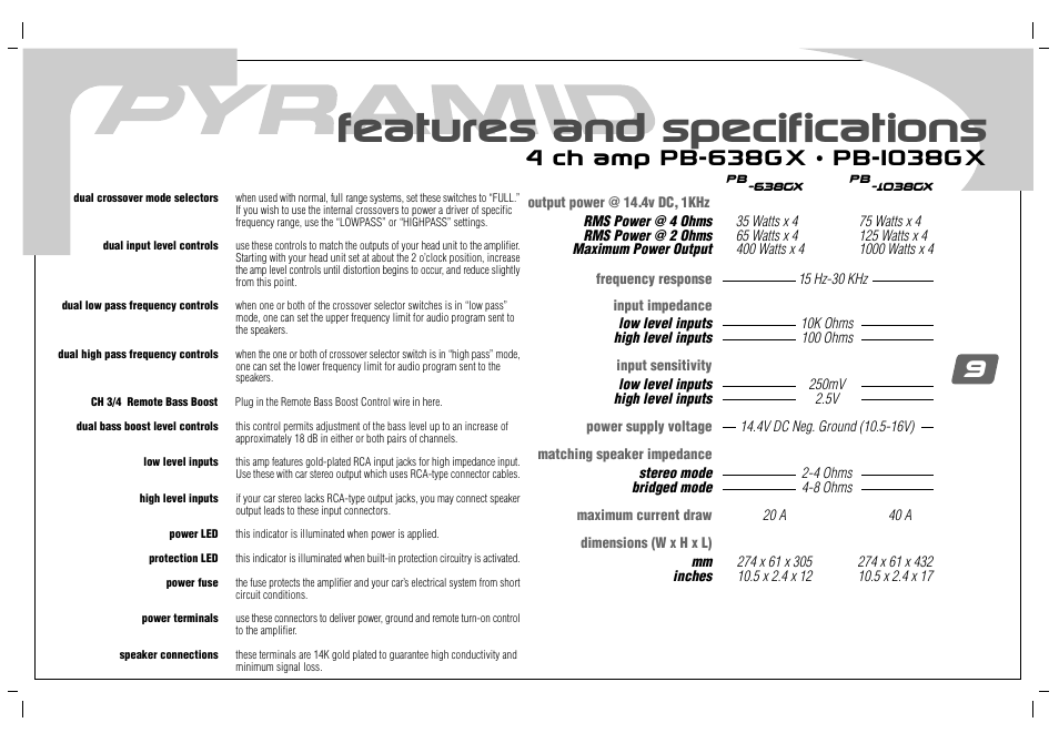 Features and specifications | Pyramid Car Audio PB-738GX User Manual | Page 11 / 28