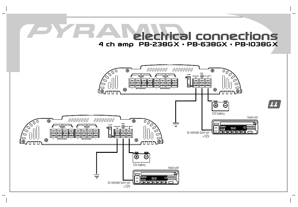Electrical connections | Pyramid Car Audio PB-738GX User Manual | Page 13 / 28