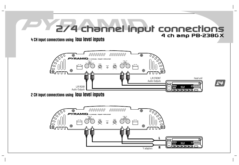 2/4 channel input connections, Low level inputs, 4 ch amp pb-238gx | 4 ch input connections using, 2 ch input connections using | Pyramid Car Audio PB-738GX User Manual | Page 16 / 28