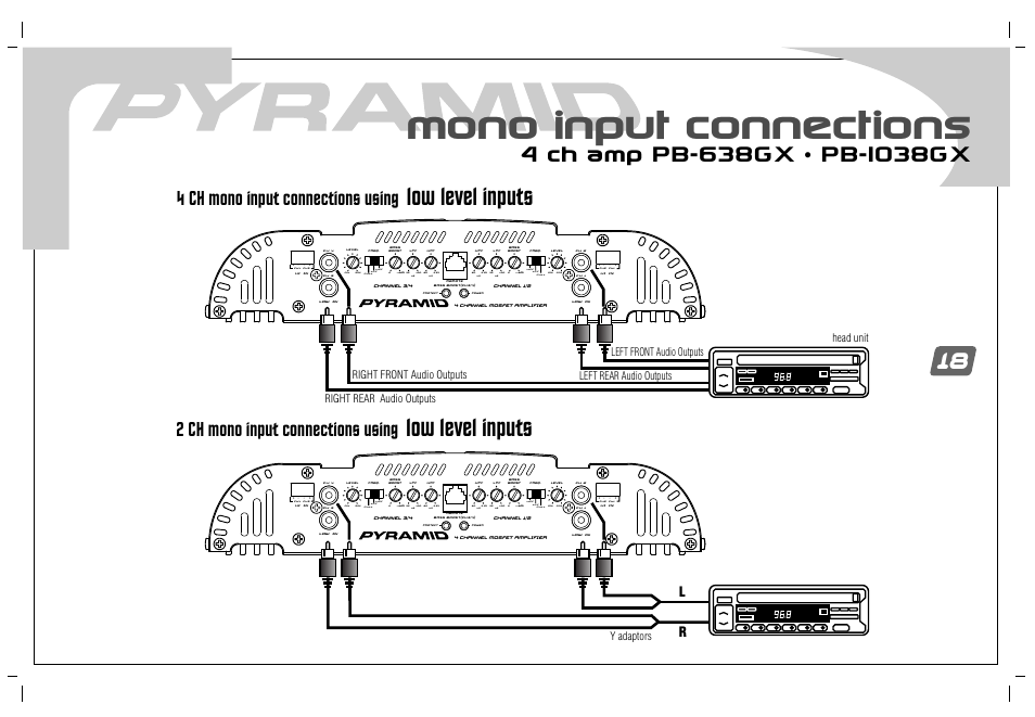Mono input connections, Low level inputs, 4 ch mono input connections using | 2 ch mono input connections using, Right front audio outputs left front audio outputs, Y adaptors | Pyramid Car Audio PB-738GX User Manual | Page 20 / 28