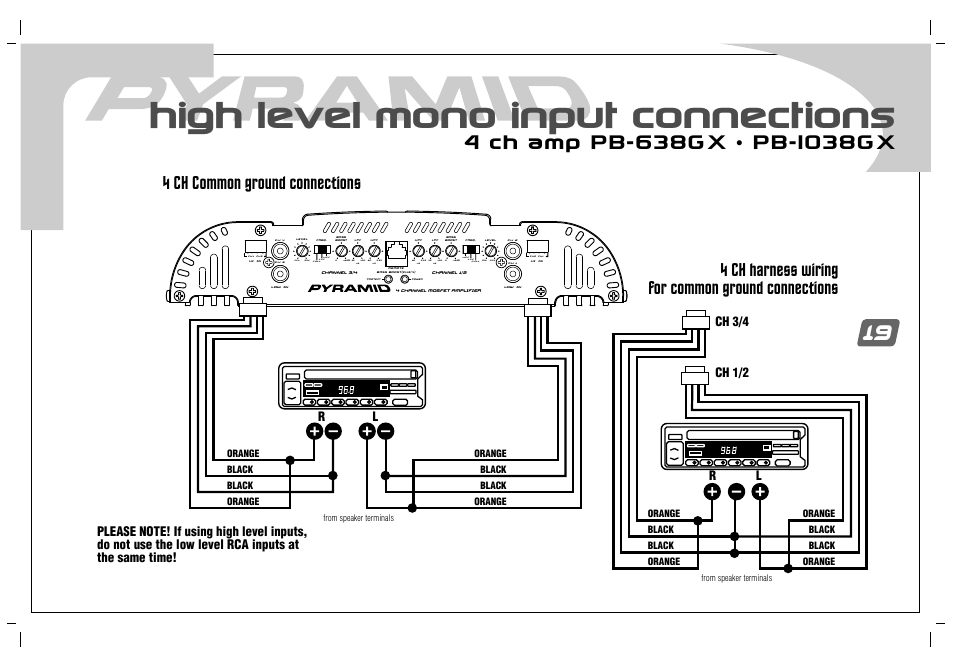 High level mono input connections, Ch 1/2 ch 3/4 r l | Pyramid Car Audio PB-738GX User Manual | Page 21 / 28