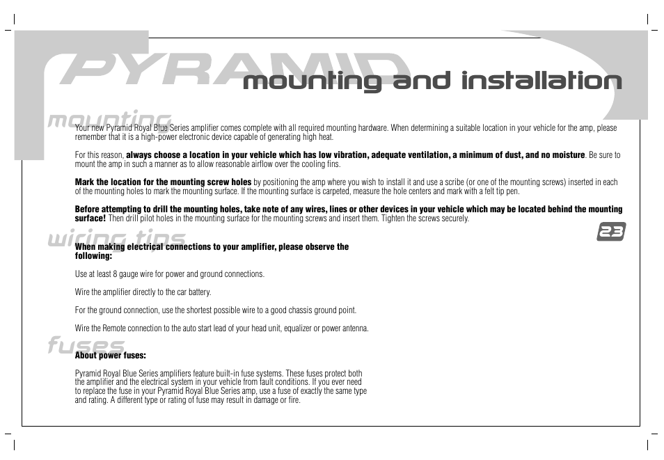 Mounting and installation fuses wiring tips, Mounting | Pyramid Car Audio PB-738GX User Manual | Page 25 / 28