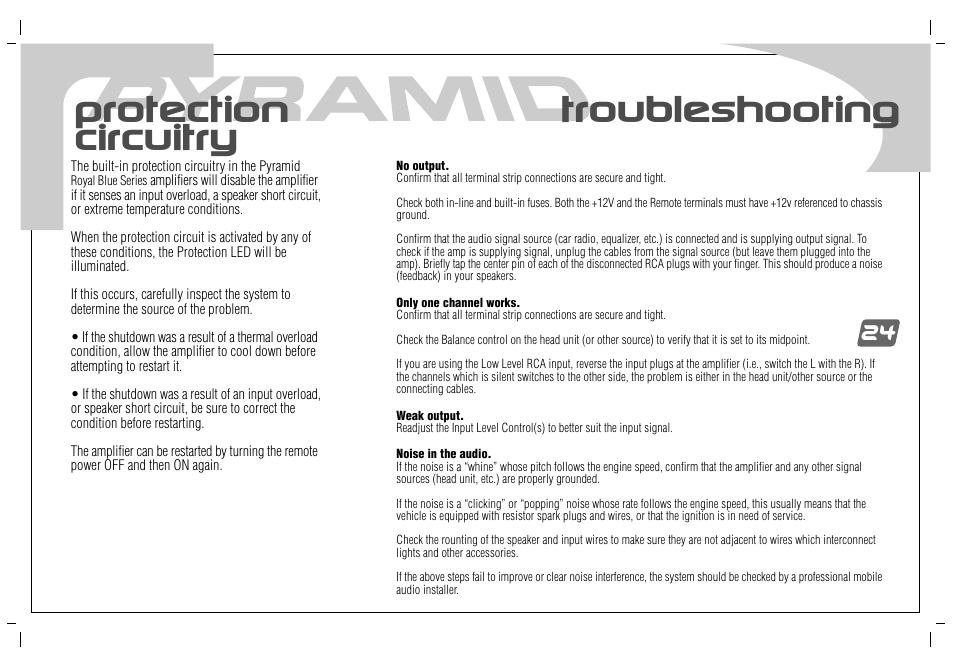 Protection circuitry troubleshooting | Pyramid Car Audio PB-738GX User Manual | Page 26 / 28
