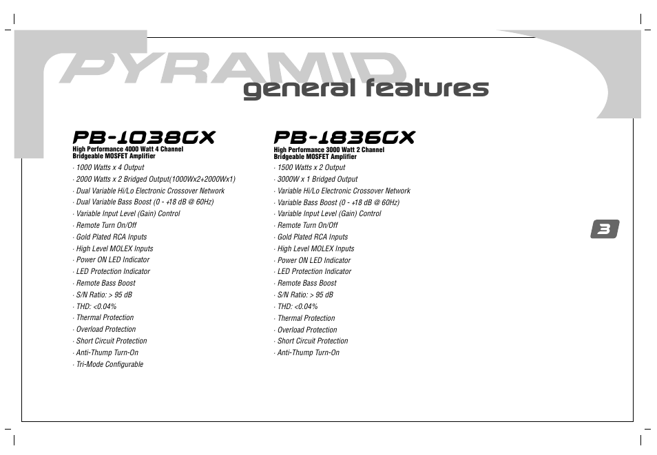 Pb-1836gx, Pb-1038gx, General features | Pyramid Car Audio PB-738GX User Manual | Page 5 / 28