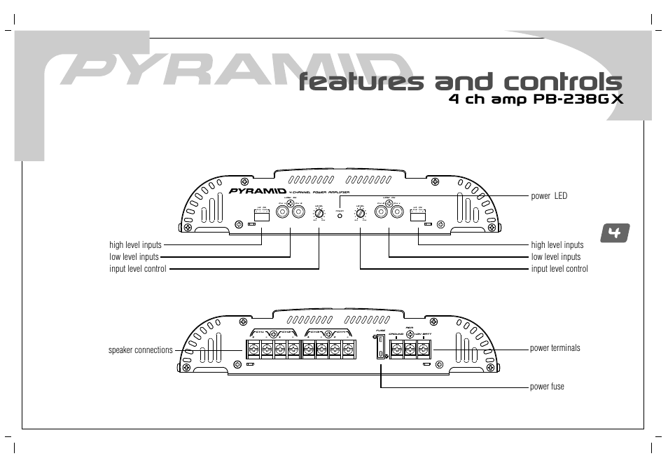 Features and controls, 4 ch amp pb-238gx, Speaker connections power terminals power fuse | Pyramid Car Audio PB-738GX User Manual | Page 6 / 28