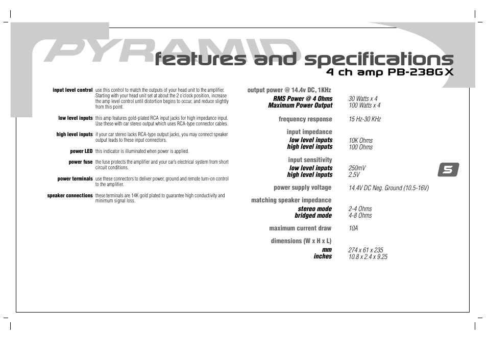 Features and specifications, 4 ch amp pb-238gx | Pyramid Car Audio PB-738GX User Manual | Page 7 / 28