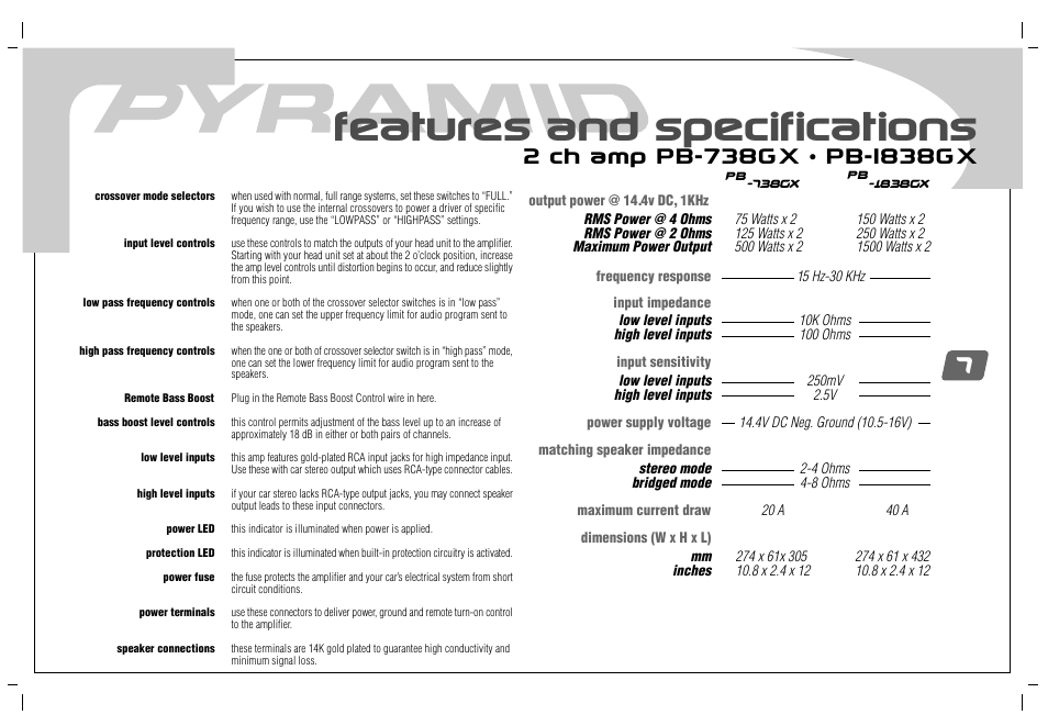 Features and specifications | Pyramid Car Audio PB-738GX User Manual | Page 9 / 28