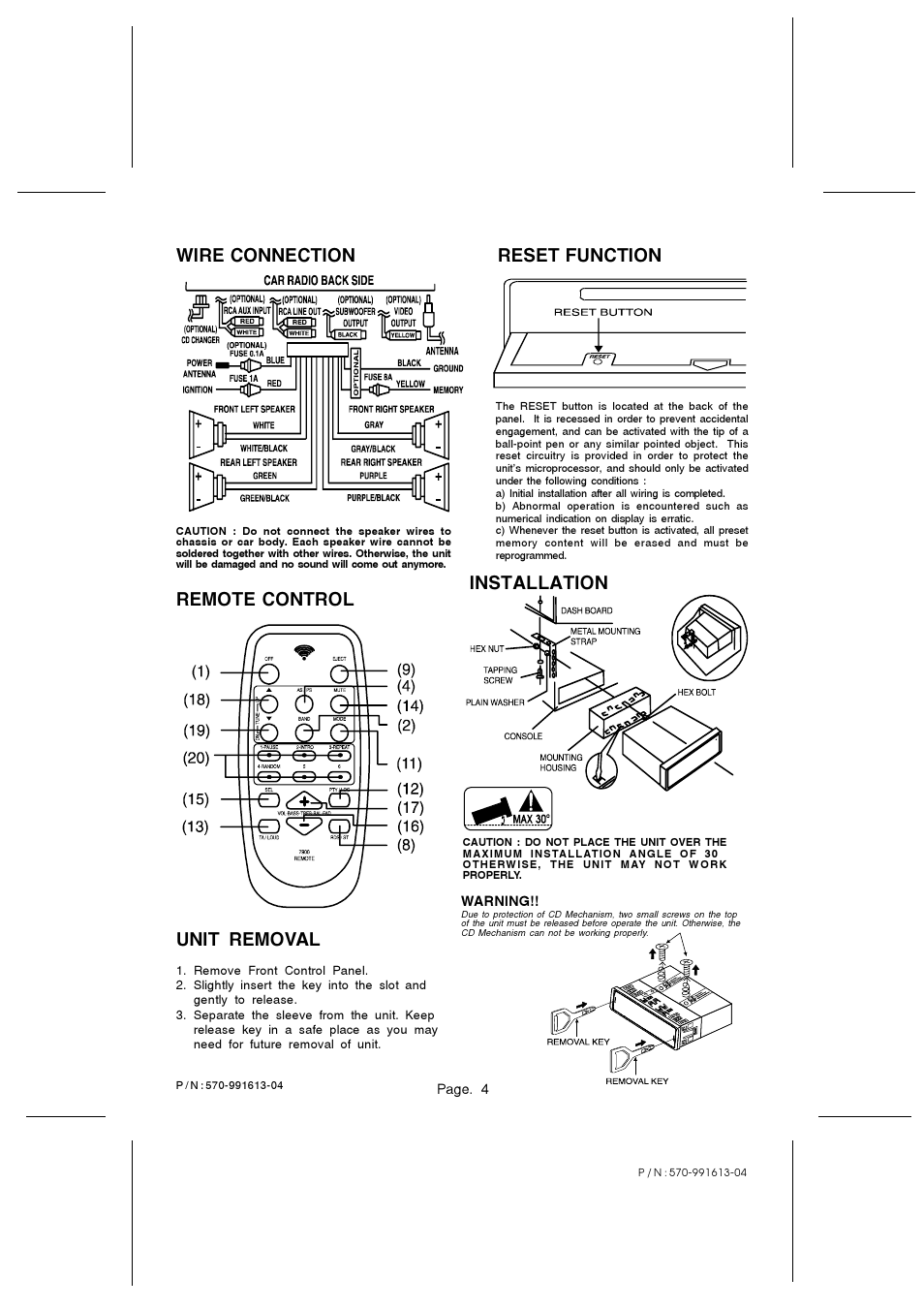 Wire connection, Reset function unit removal, Installation remote control | Pyramid Car Audio CDR88DFX User Manual | Page 4 / 4
