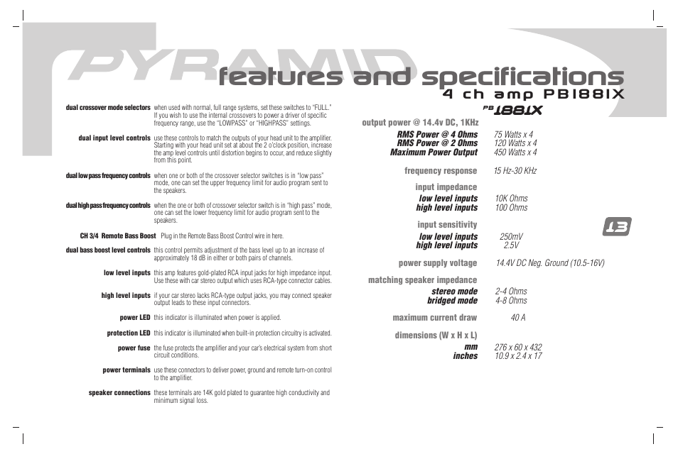 Features and specifications, 1881x | Pyramid Car Audio PB781X User Manual | Page 14 / 28