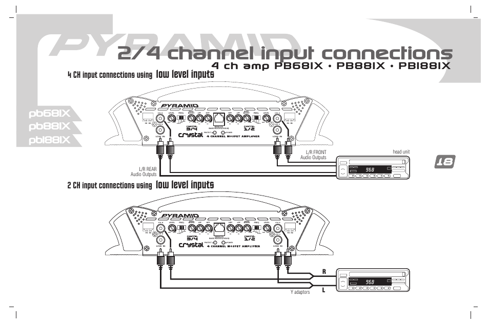 2/4 channel input connections, Low level inputs, 4 ch input connections using | 2 ch input connections using, Y adaptors | Pyramid Car Audio PB781X User Manual | Page 19 / 28