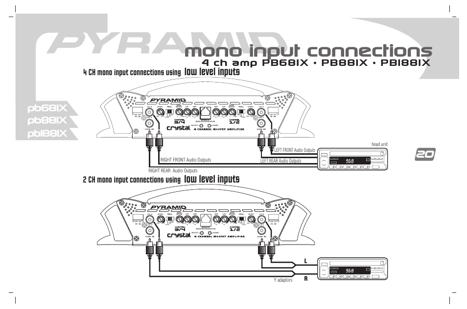 Mono input connections, Low level inputs, 4 ch mono input connections using | 2 ch mono input connections using, Right front audio outputs left front audio outputs, Y adaptors, Head unit, Left rear audio outputs right rear audio outputs | Pyramid Car Audio PB781X User Manual | Page 21 / 28