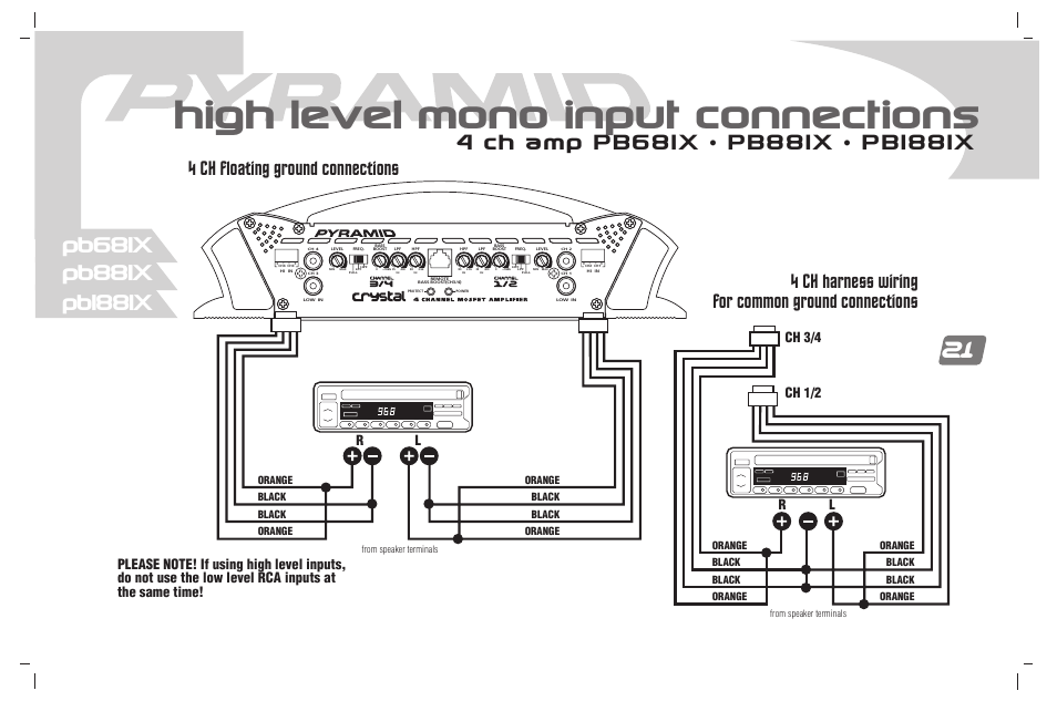 High level mono input connections, Ch 1/2 ch 3/4 r l | Pyramid Car Audio PB781X User Manual | Page 22 / 28