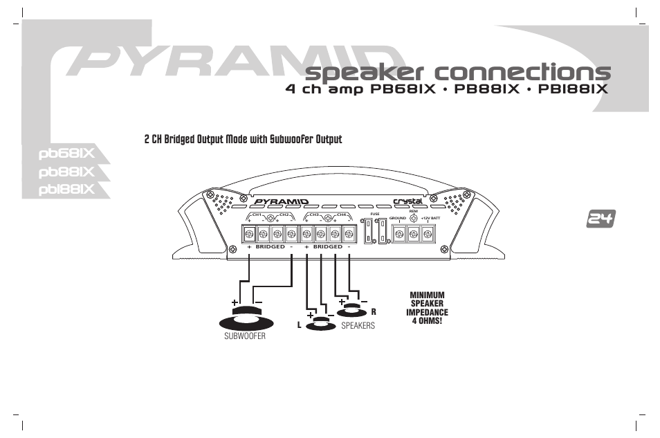 Speaker connections, 2 ch bridged output mode with subwoofer output | Pyramid Car Audio PB781X User Manual | Page 25 / 28