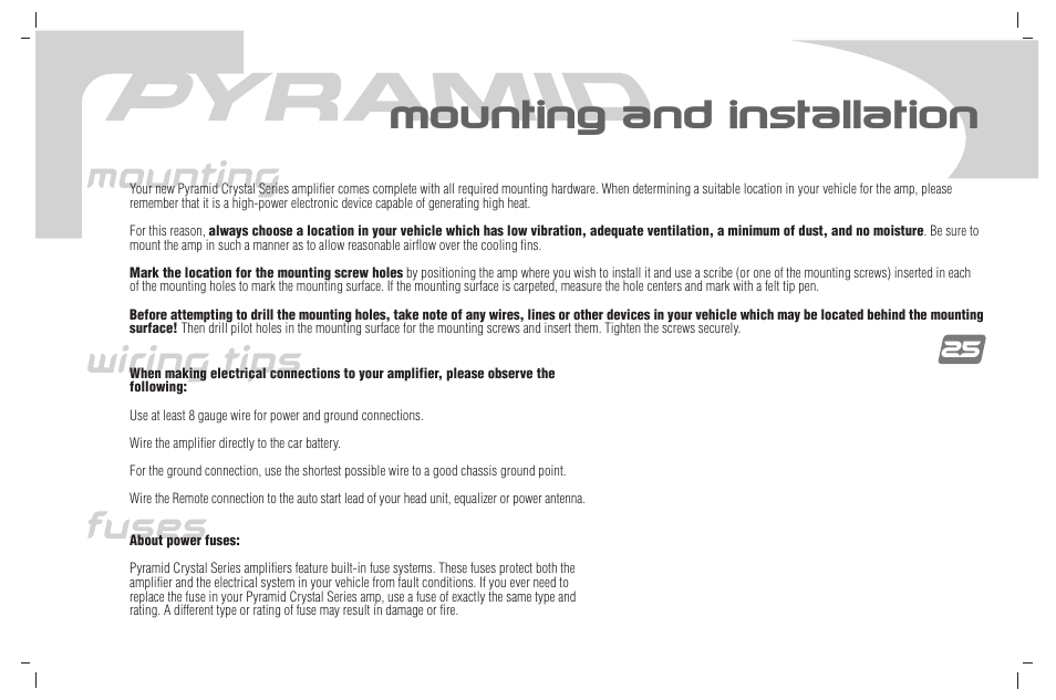 Mounting and installation, Fuses wiring tips, Mounting | Pyramid Car Audio PB781X User Manual | Page 26 / 28