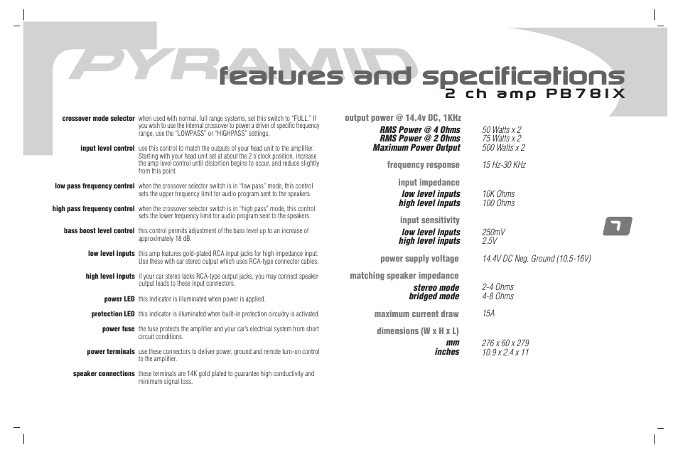 Features and specifications | Pyramid Car Audio PB781X User Manual | Page 8 / 28