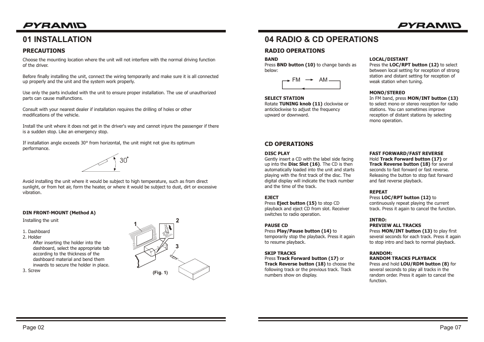 01 installation 04 radio & cd operations | Pyramid Car Audio CDR-36DX User Manual | Page 4 / 6