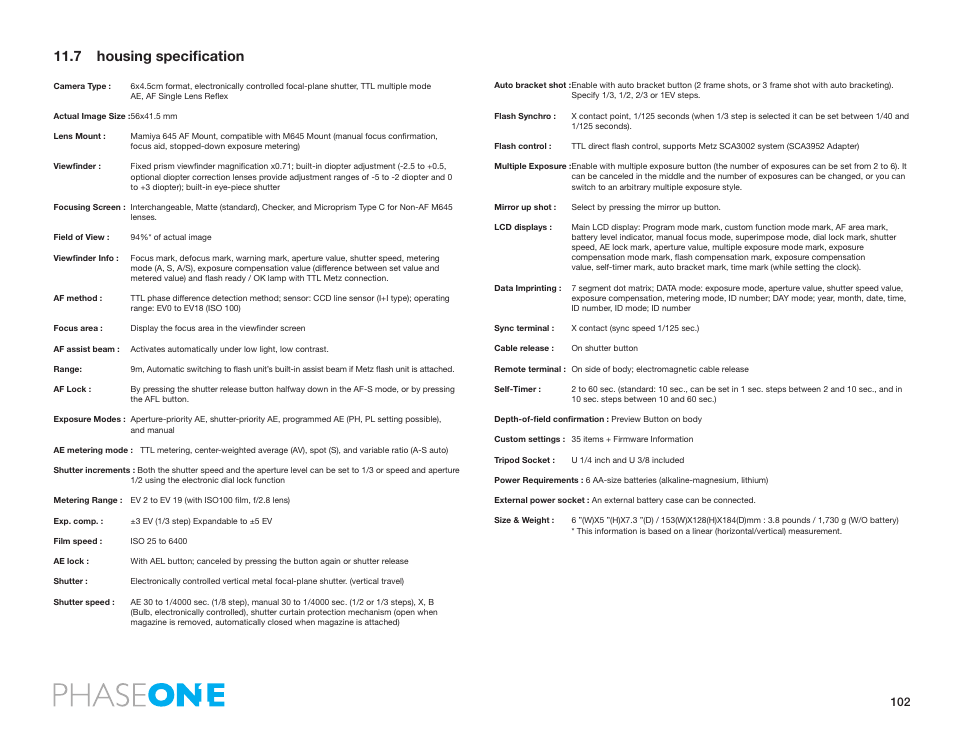 7 housing specification | Phase One 645 AF User Manual | Page 102 / 106