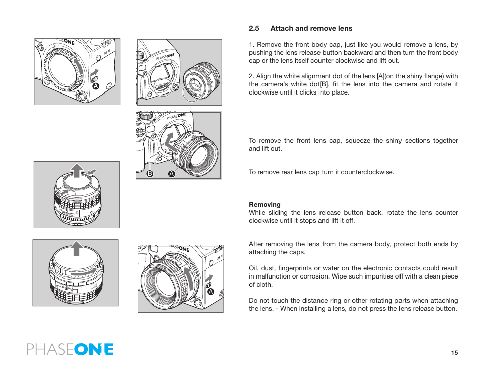 5 attach and remove lens, Ab a | Phase One 645 AF User Manual | Page 15 / 106