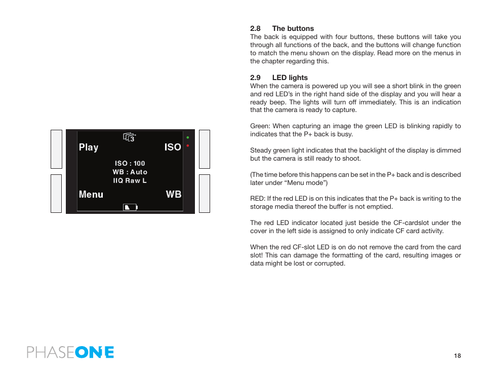 8 the buttons, 9 led lights | Phase One 645 AF User Manual | Page 18 / 106
