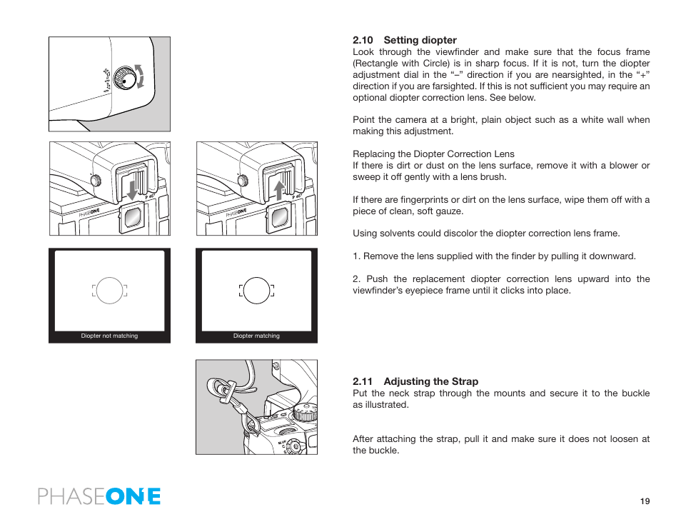 10 setting diopter, 11 adjusting the strap | Phase One 645 AF User Manual | Page 19 / 106