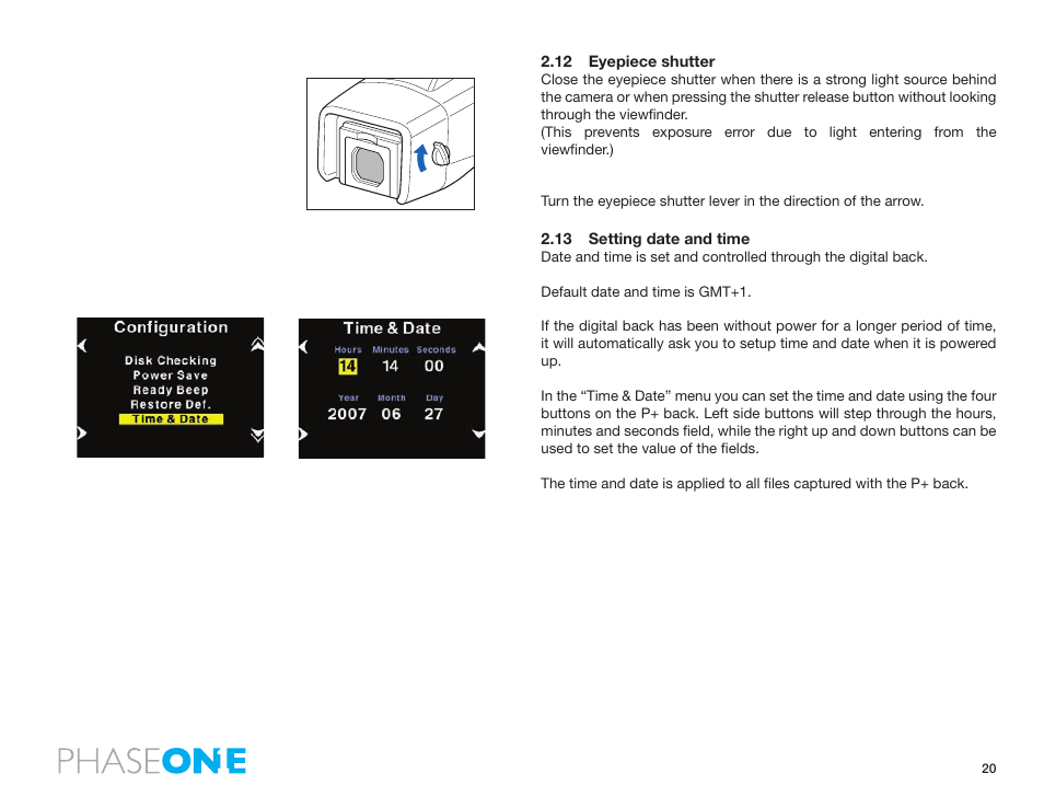 12 eyepiece shutter, 13 setting date and time | Phase One 645 AF User Manual | Page 20 / 106
