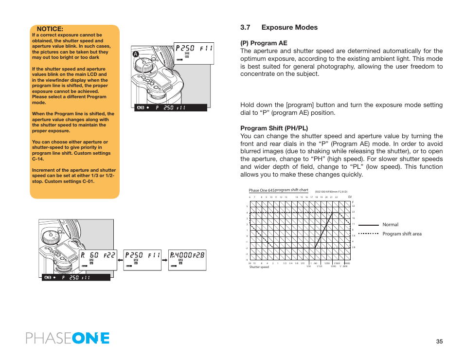 7 exposure modes, Normal program shift area | Phase One 645 AF User Manual | Page 35 / 106