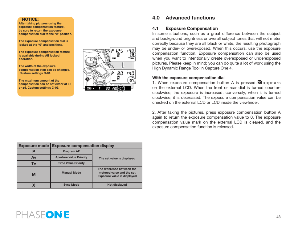 0 advanced functions, 1 exposure compensation | Phase One 645 AF User Manual | Page 43 / 106