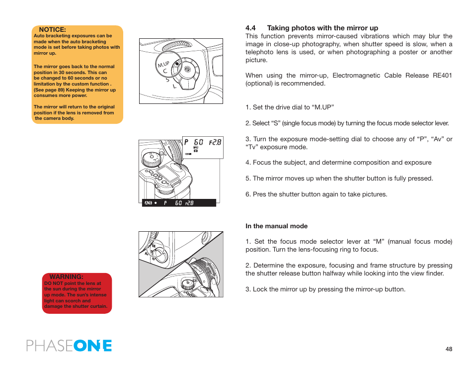 4 taking photos with the mirror up, Warning, Cs l | Phase One 645 AF User Manual | Page 48 / 106