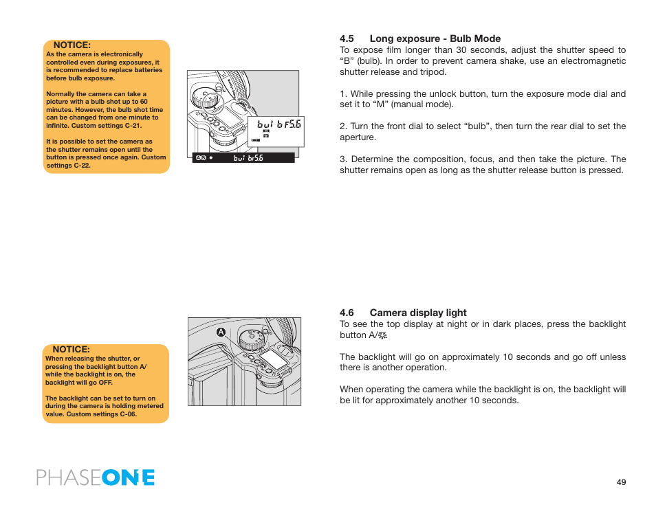 5 long exposure - bulb mode, 6 camera display light | Phase One 645 AF User Manual | Page 49 / 106