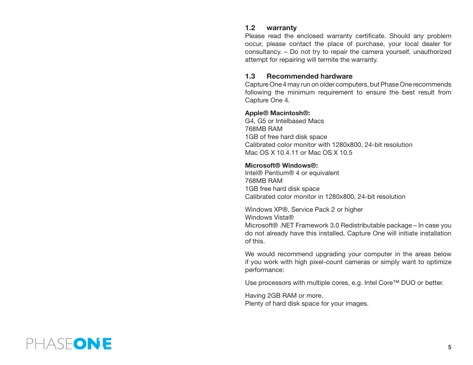 2 warranty, 3 recommended hardware | Phase One 645 AF User Manual | Page 5 / 106