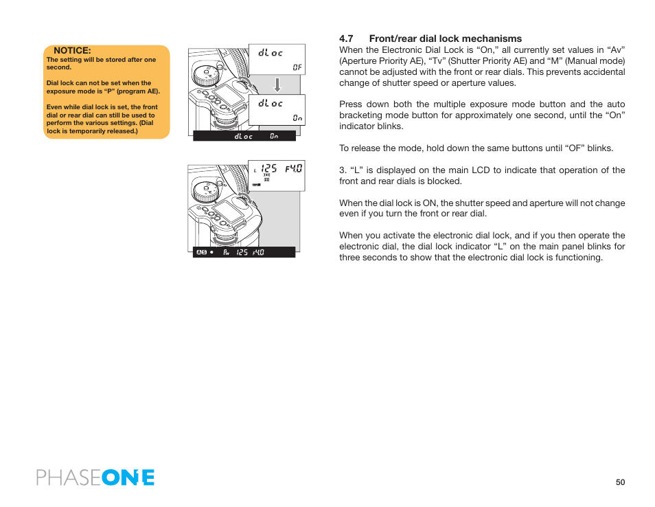 7 front/rear dial lock mechanisms, Notice | Phase One 645 AF User Manual | Page 50 / 106