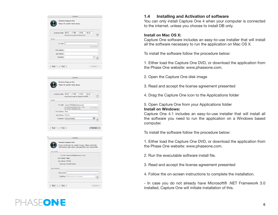 4 installing and activation of software | Phase One 645 AF User Manual | Page 6 / 106