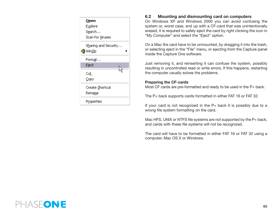 2 mounting and dismounting card on computers | Phase One 645 AF User Manual | Page 60 / 106