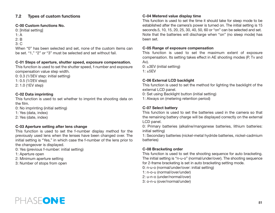 2 types of custom functions | Phase One 645 AF User Manual | Page 81 / 106