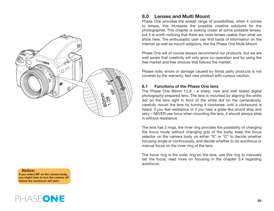0 lenses and multi mount, 1 functions of the phase one lens | Phase One 645 AF User Manual | Page 86 / 106