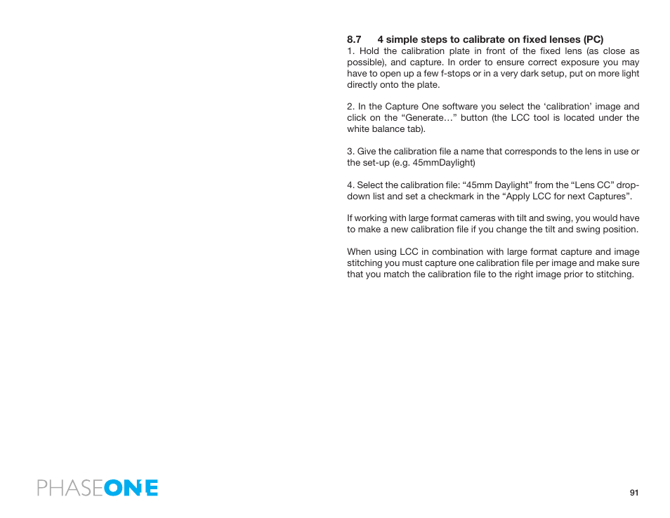 7 4 simple steps to calibrate on fixed lenses (pc) | Phase One 645 AF User Manual | Page 91 / 106
